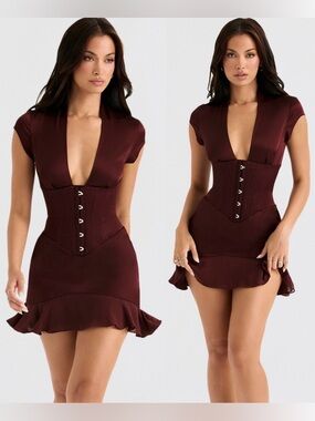 HOUSE OF CB TIANNA Wine Ruffle Corset Dress. Size L